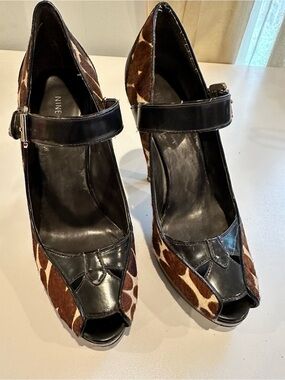 Nine West Brown and White Cow-Print Peep-Toe Mary Jane Heels